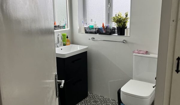 IMG_2937 Bright bathroom featuring a black vanity, patterned tile floor, and natural light from two windows. Pro Renovations Gallery