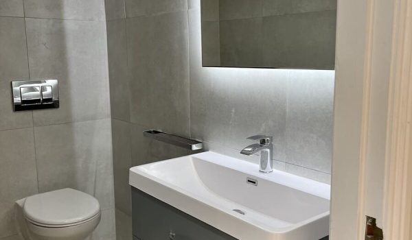 IMG_3346 Modern bathroom featuring a wall-mounted sink, gray cabinetry, and a large mirror with soft lighting. Pro Renovations gallery